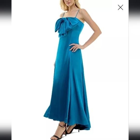 NWT Taylor Women's Exaggerated-Bow Satin-Dazzling Gown in Ocean Blue - Picture 3 of 14